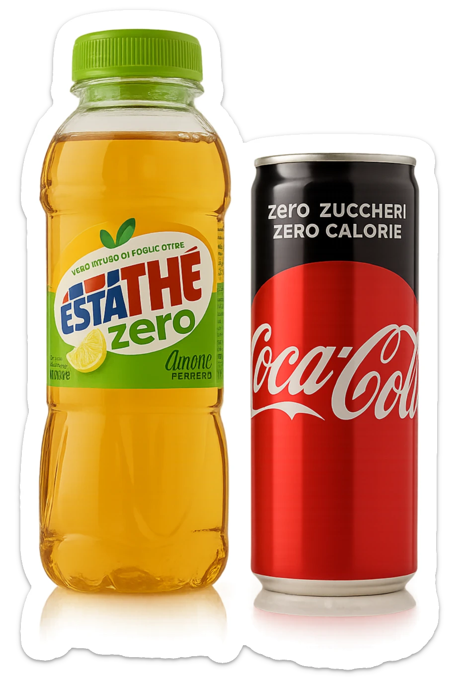 lattina di coca cola zero fluttua accanto a bottiglia di esta-thè zero, iperrealistiche 4k sticker