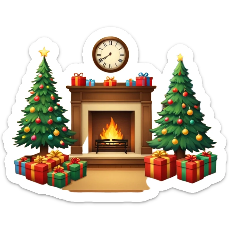Flat illustration, livingroom with fireplace, christmas tree lit up and gifts under tree. Room is lit poorly but by the christmas tree lights, still life
 sticker