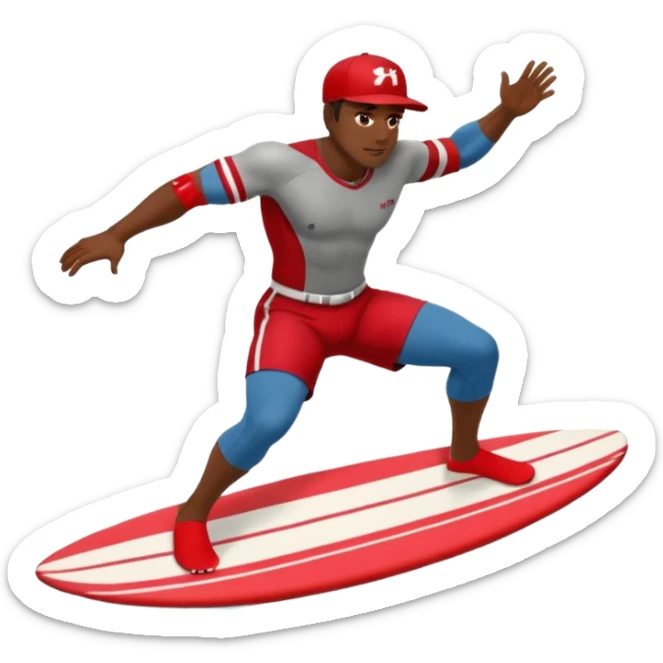 Dark, muscular man surfing wearing red shorts and a baseball cap Hawaii sticker