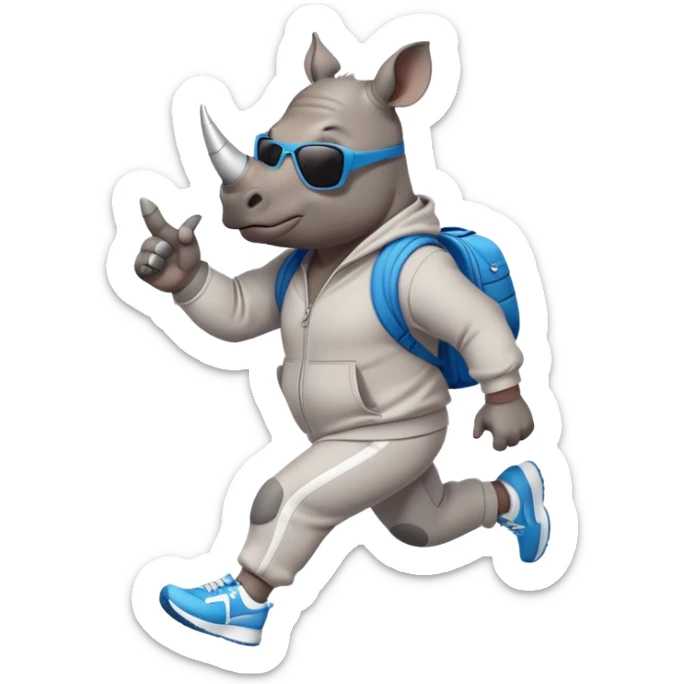 friendly anthropomorphised rhino jogging upright, wearing a sporty tracksuit and sneakers, dark sunglasses, standard pose sticker