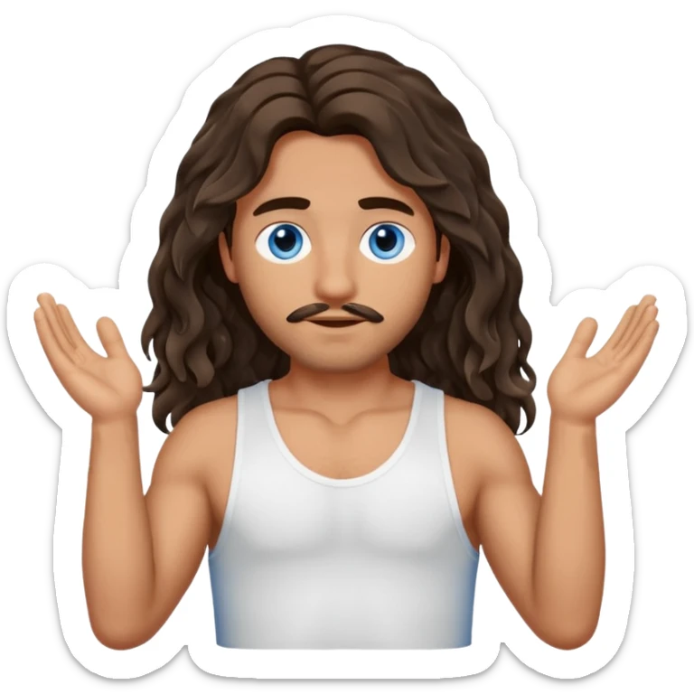Men with olive skin, blue eyes, brown dark insanely wavy long hair, white camisole, left hand palm up crossing arms in front of face sticker