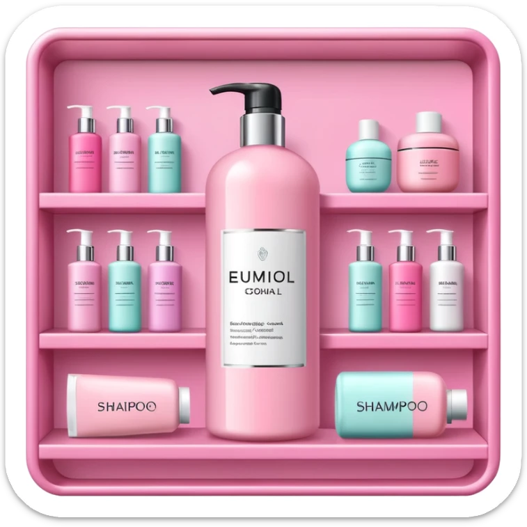 products on a shelf, there are Shampoo bottle, color tube, and conditioner on a pink shelf, the products are luxury brand-labeled and have nice packaging sticker