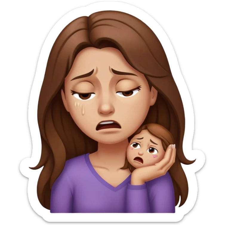 Crying woman with long brown hair with stomach cramps sticker
