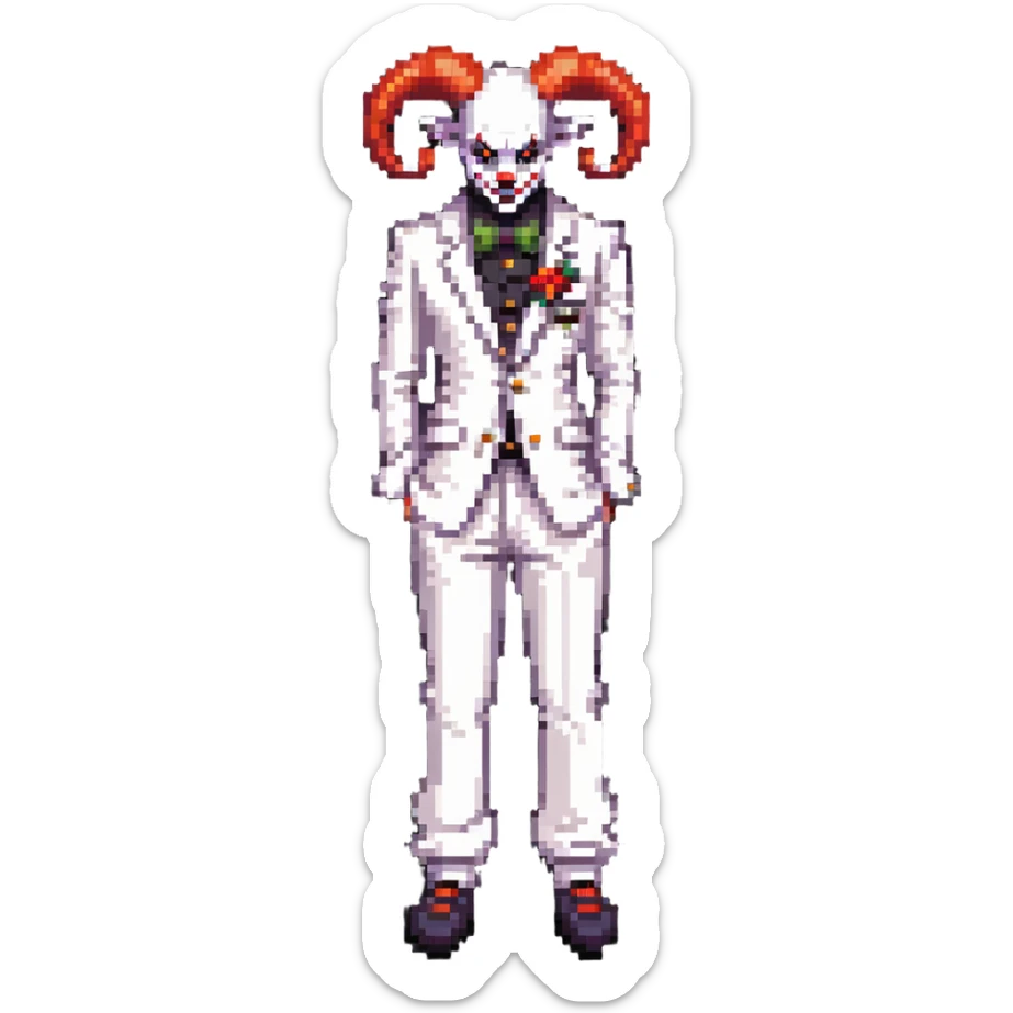 full-body demonic clown in a white leisure suit with bellbottom pants, bald, black ram horns, wearing elevator shoes sticker
