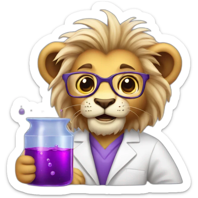 Cute middle aged lion scientist holding a flask of purple liquids sticker