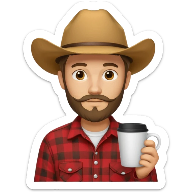 generate an ios genmoji of a 20 year old tan boy with a cowboy hat and side burn beard. Wearing a flannel and carrying a coffee mug sticker