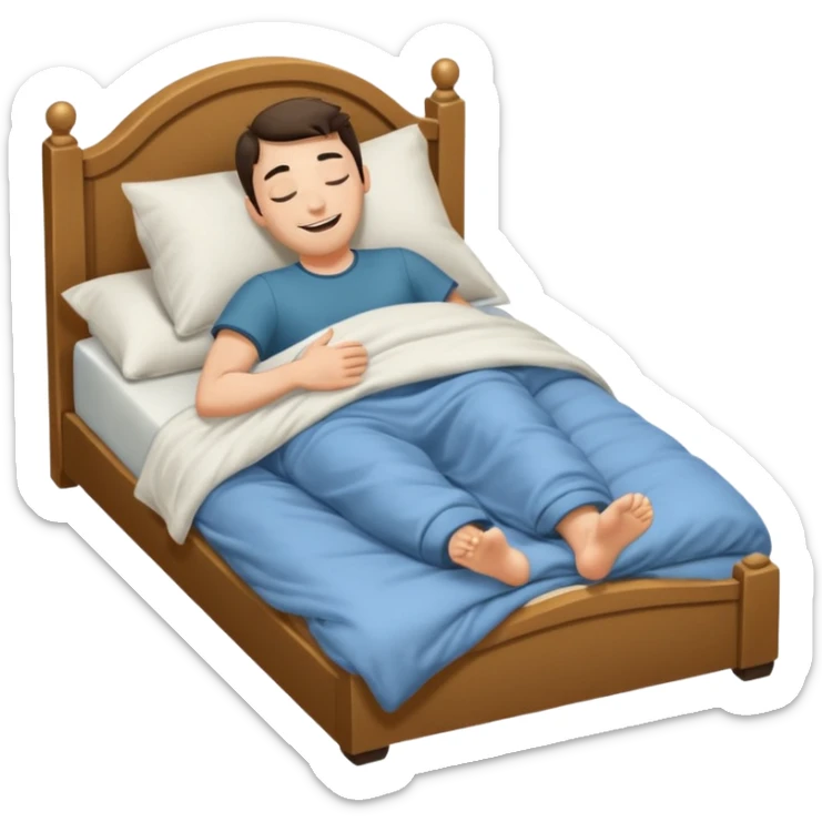 A man in bed laying down under covers kicking feet in air because so excited to sleep. Eyes are closed and he is smiling. Arms down and put him under covers but show feet. sticker