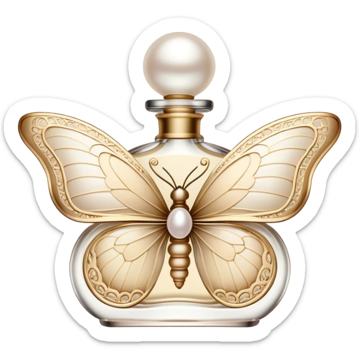 A delicate butterfly with wings in soft beige and pearl hues, resting gently on a vintage perfume bottle.
 sticker