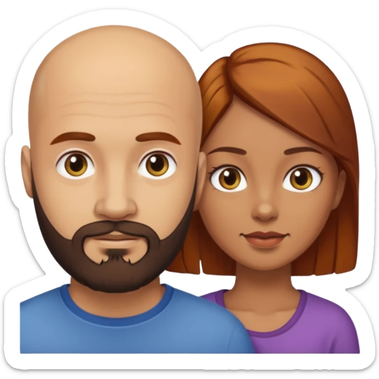 Couple. A bald man with dark brown beard and a girl with light skin. She has dark yellow brown auburn hair. Different skincolor. sticker