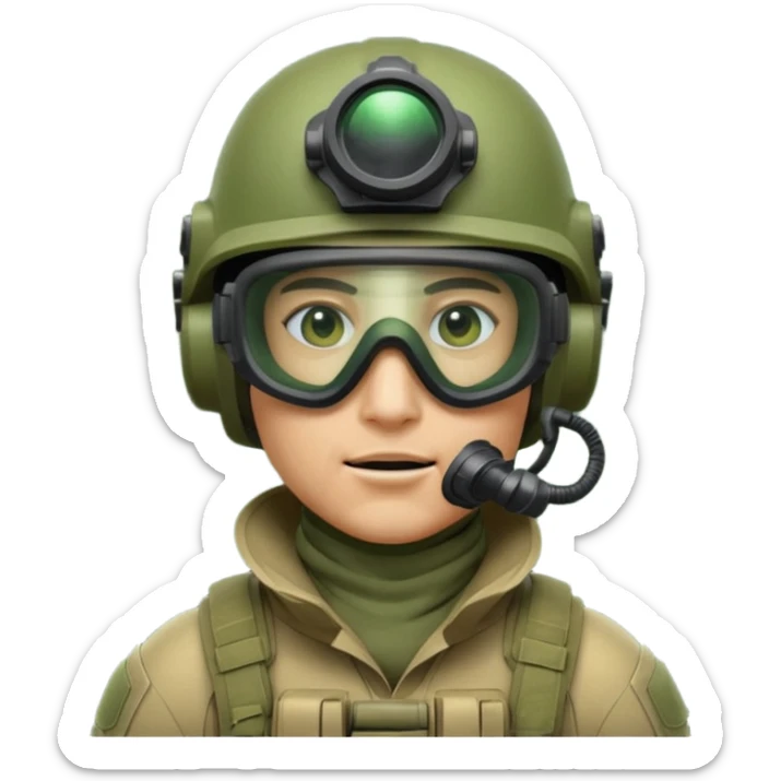modern soldier in green upgraded equipment, helmet, mask, and night vision goggles, cool and brutal sticker