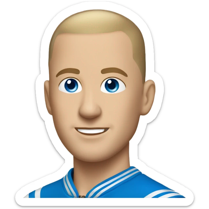 A white man with a buzzcut, blue eyes wearing a gold chain and tracksuit holding a Nokia  sticker