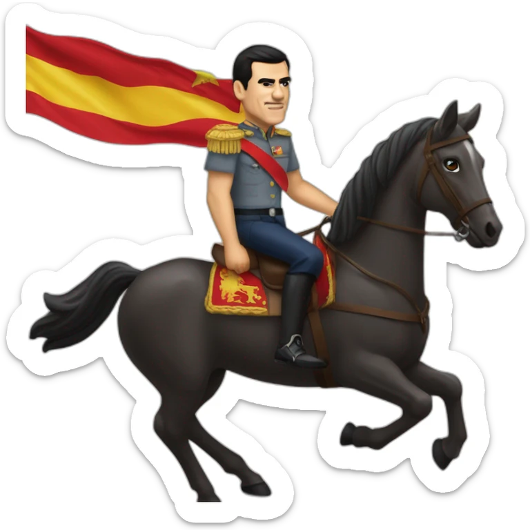 Pedro Sánchez subido a caballo envuelto en la bandera de España sticker