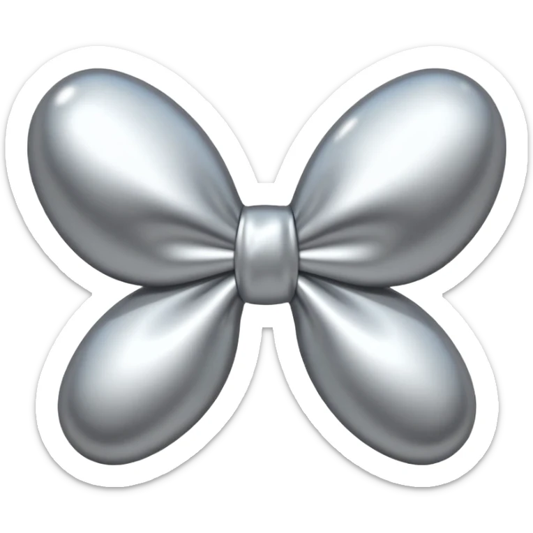 A cute bow emoji made of polished silver chrome, smooth rounded loops, glossy metallic surface, soft mirror reflections, subtle highlights, minimal and adorable proportions, iOS emoji style, centered composition, clean white background, soft studio lighting, no text, no outline, ultra high quality sticker