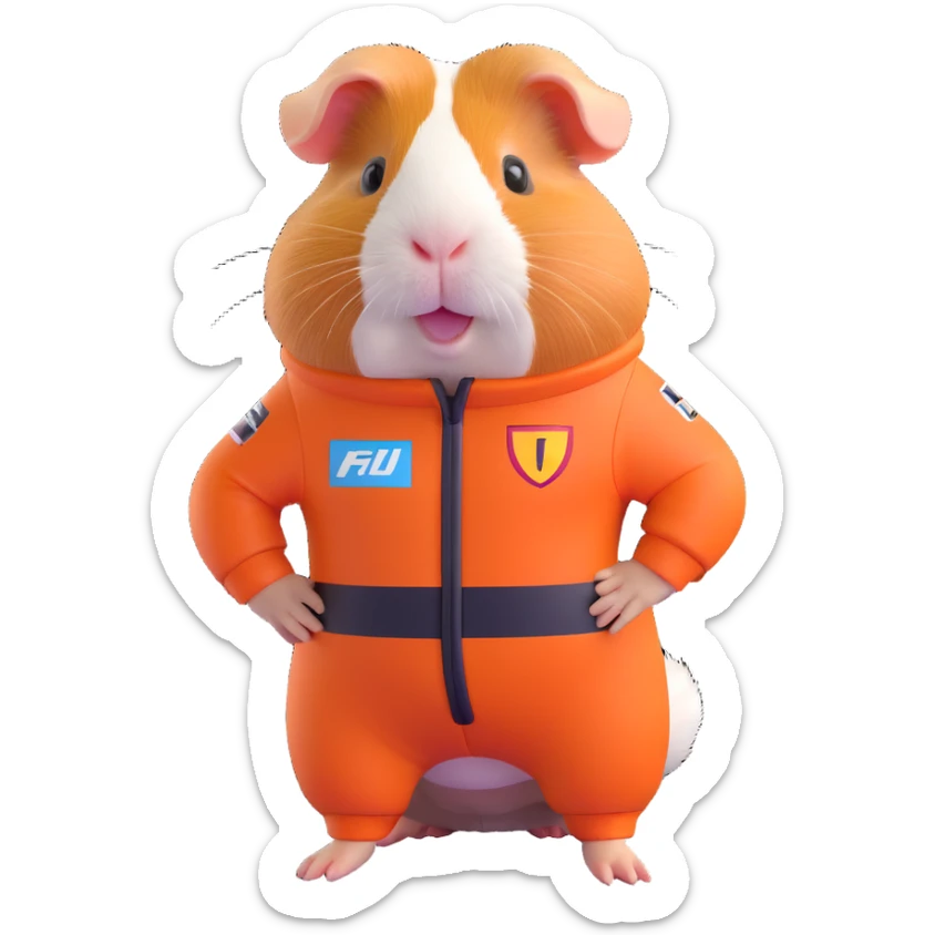 adorable full-body guinea pig dressed in a Formula 1 racing suit, cheerful expression, no helmet sticker