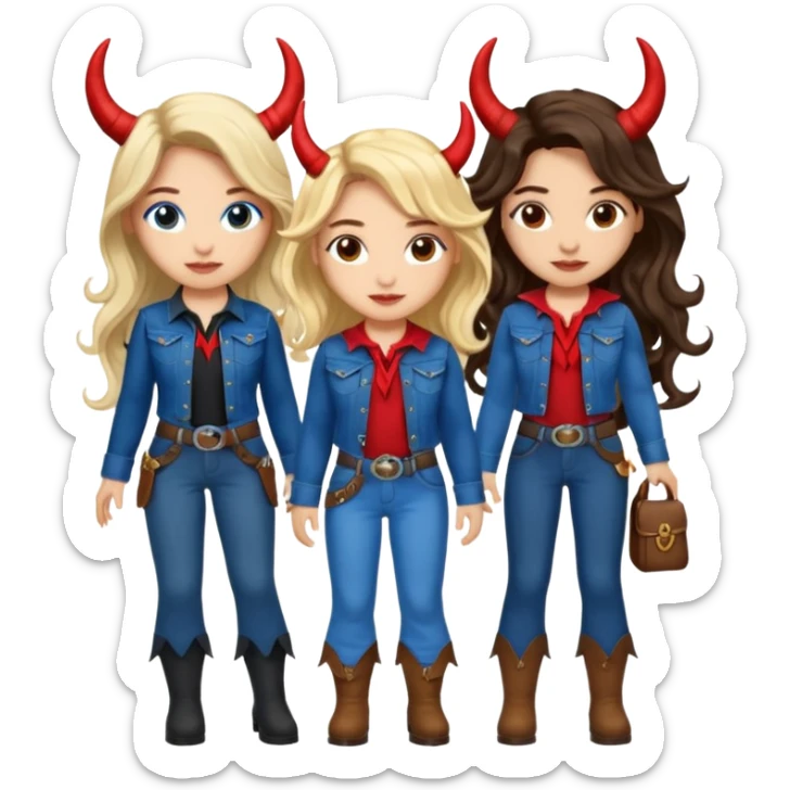 Three women with devil fairy horns, brown eyed light skin with dark blonde long hair and Brown eyed light skin black long wavy hair and blue eyed light skin long blonde hair wearing cute wrangler outfits sticker