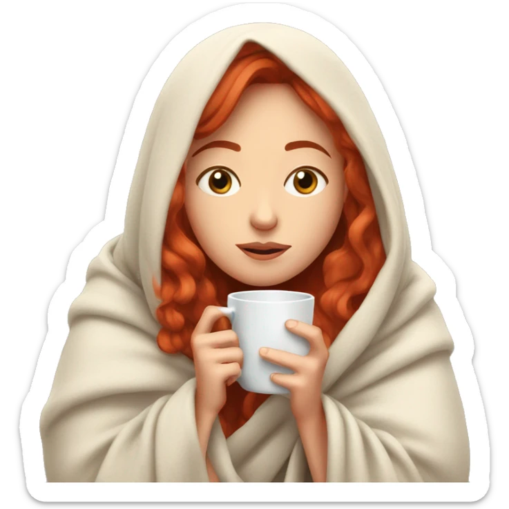 red hair girl wrapped in blanket drinking tea with eyes closed sticker