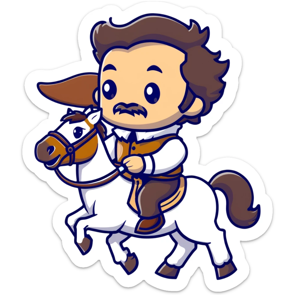 Cowboy Shakespeare with ruff collar and quill pen on a horse sticker