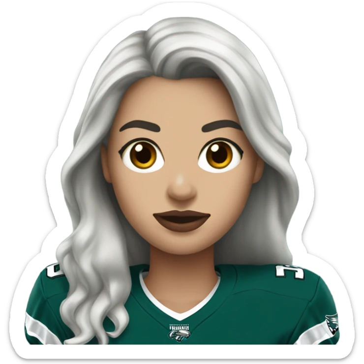 White female long dark hair red lips wearing Philadelphia Eagles jersey sticker