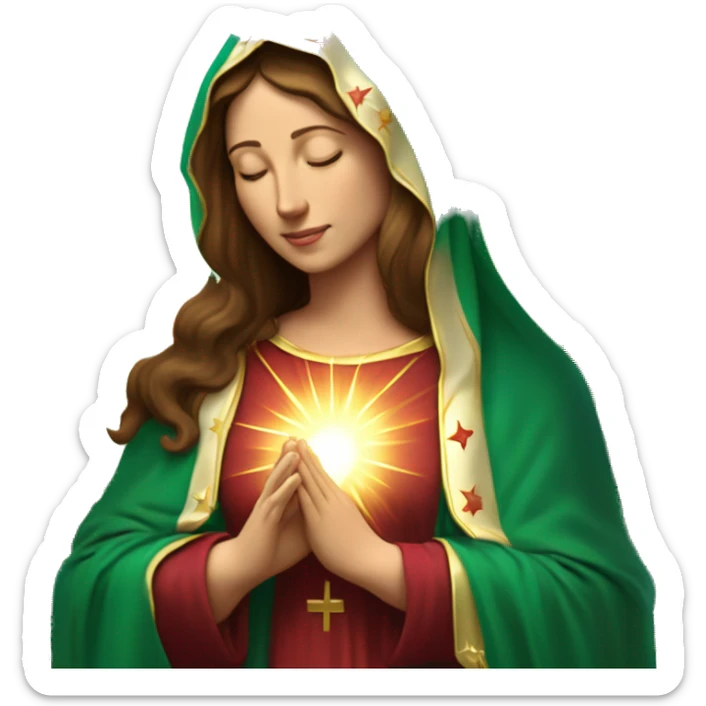 Virgin Mary: kind face looking down at the left, long brown hair, Wearing an emerald green  robe with gold stars and a burgundy red dress,  Hands in prayer or blessing. Halo around her head. standing in front of a big sun. colorful roses on the sides  sticker