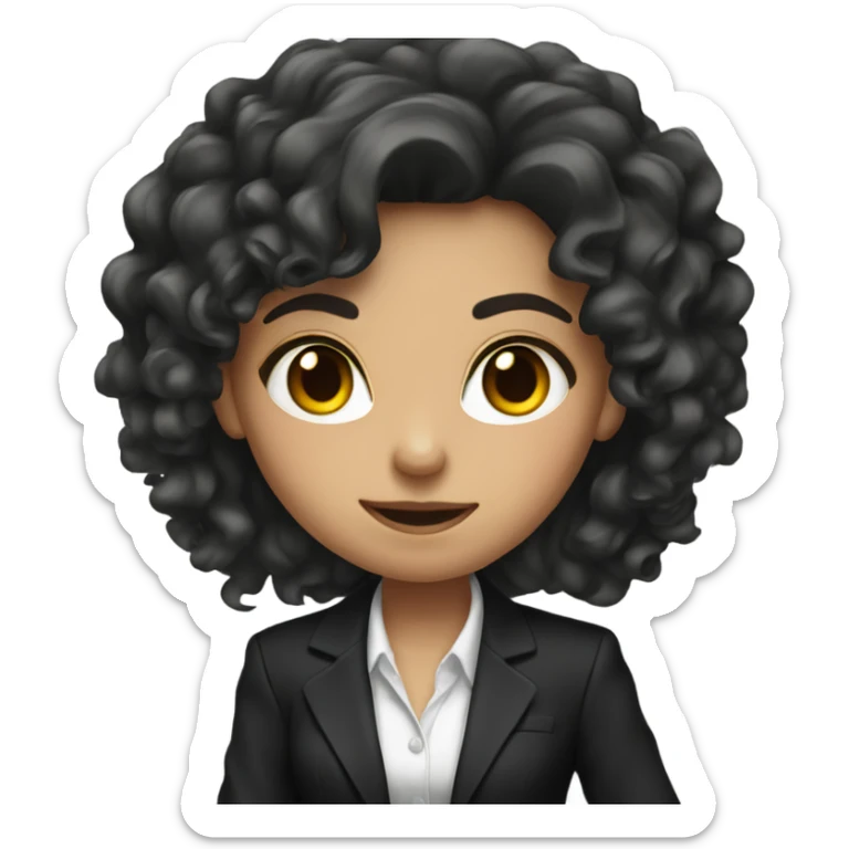 Brunette Girl with long curly hair in black suit with gun sticker