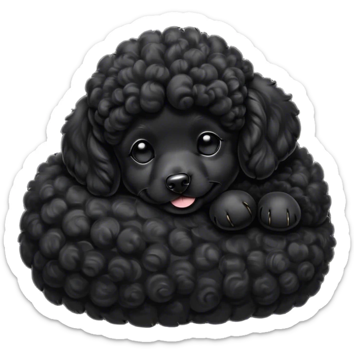 Meme-Worthy Cute Sleeping Black Poodle Portrait Emoji, Head resting peacefully with a contented smile, showcasing a delightfully elegant build and a luxuriously soft, curly jet-black Fur, eyes shut in a serene nap, Simplified yet hilariously adorable features, highly detailed, glowing with a soft, drowsy light, high shine, relaxed and utterly lovable, stylized with an air of playful laziness, bright and heartwarming, soft glowing outline, capturing the essence of a comically sleepy companion, so meme-worthy it feels like it could instantly become the next viral sensation of adorable slumber! sticker