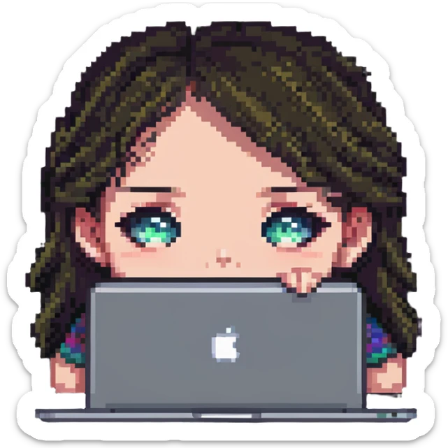 close-up of a girl's face peeking over a MacBook, pixel art style sticker