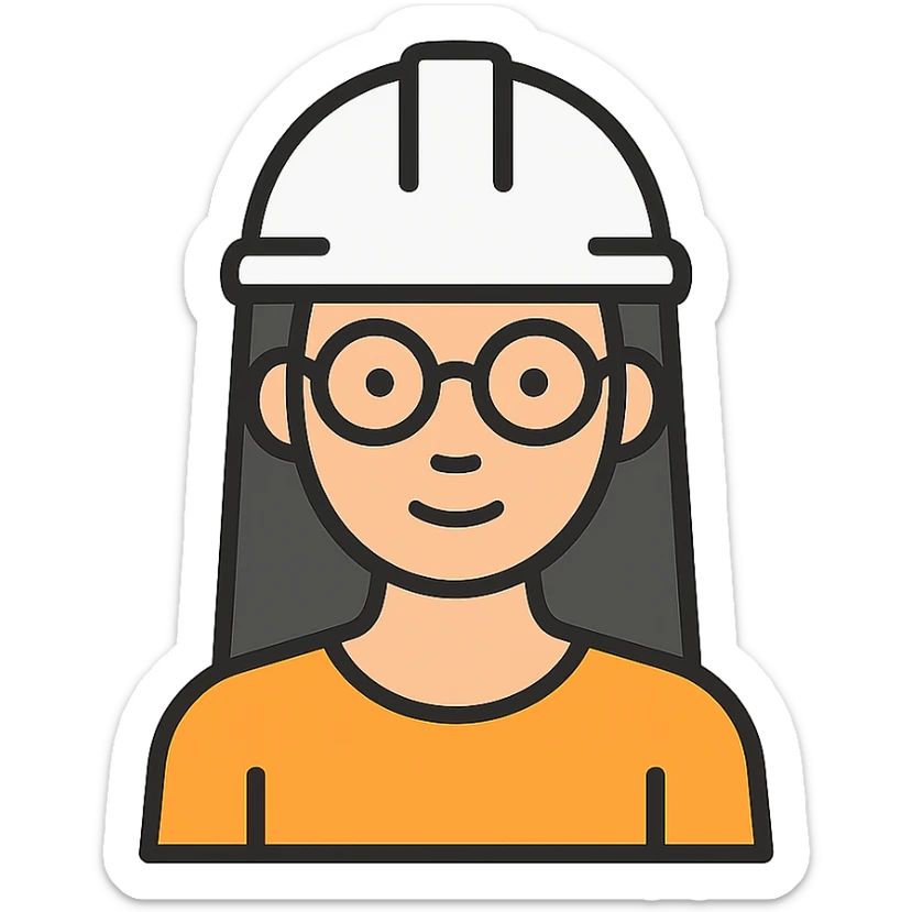 A woman with long, straight black hair, wearing glasses and a white architect's helmet sticker