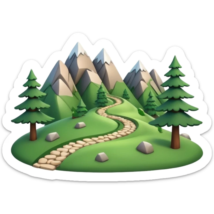 A 3D cartoon mountain trail winding up green slopes with stones and pine trees, distant peaks in background, warm daylight, Memoji-style.A 3D cartoon coiled climbing rope with a carabiner, golden color, resting on a rocky surface, realistic soft shadows, Memoji-style rendering. sticker