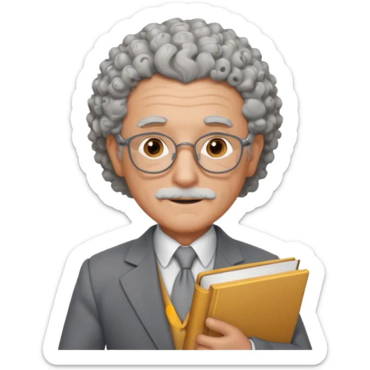 elderly male, curly hair, holding book, wearing gray suit sticker