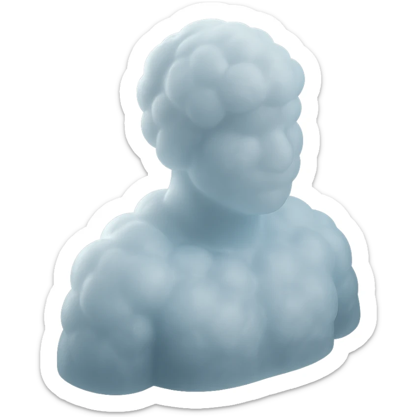 A person from the shoulders up, entirely composed of fluffy white convex clouds sticker