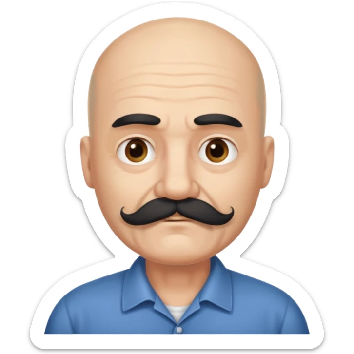 61 years old. Bald with dark hair on the sides. black thick moustache. White beard. saying sorry sticker