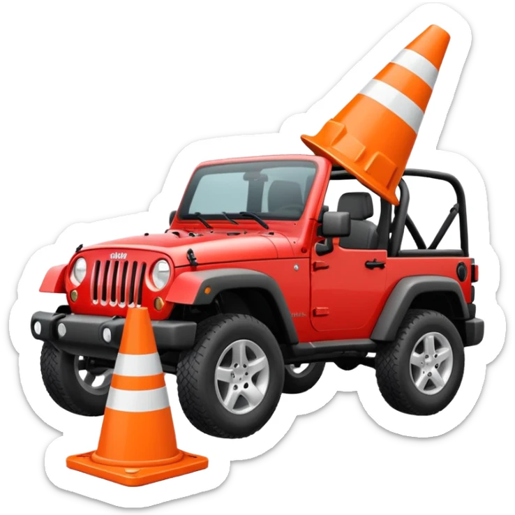 red Jeep Wrangler crushing an all-white traffic cone with no stripes or markings under its tires, emoji style sticker