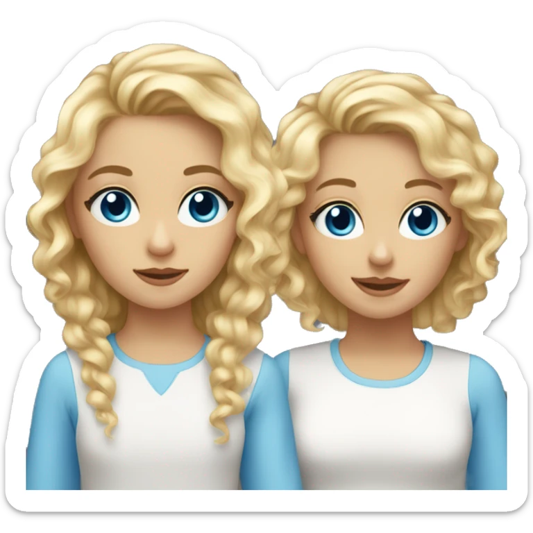 sisters, both blond curly hair, one short hair, one long hair, both blue eye sticker