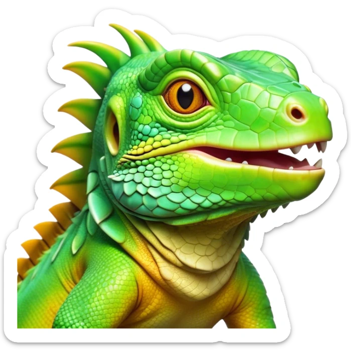 Cinematic Realistic Cute Iguana Portrait Emoji, Head tilted playfully and inquisitively, featuring a compact, agile build with a glossy, intricately scaled body in vivid green hues and a characteristically expressive face with bright, curious amber eyes, rendered in lifelike detail with natural highlights, high shine, affectionate and lively, styled with a touch of tropical whimsy, soft glowing outline, capturing the essence of a mischievous yet lovable iguana that seems poised to scurry out of the screen into your arms! sticker
