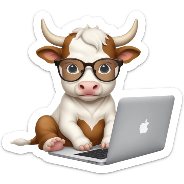 baby white bull in fancy glasses sitting in front of a macbook, working  sticker