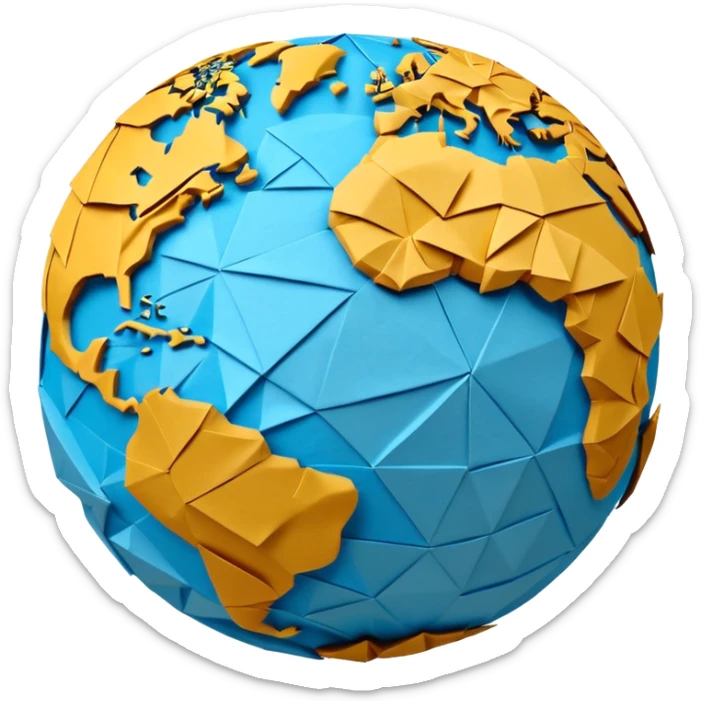 3D render of Papier-Mâché Globe made entirely of folded origami paper, sharp creases, cardboard texture, matte finish, visible paper grain, craft aesthetic,  emoji style, isolated on white background --v 6.0 sticker