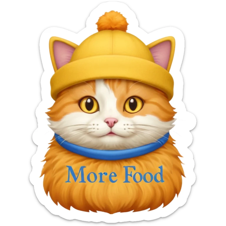 Make cat wearing cute hat that are yellow and has blue text that says More food!!! sticker