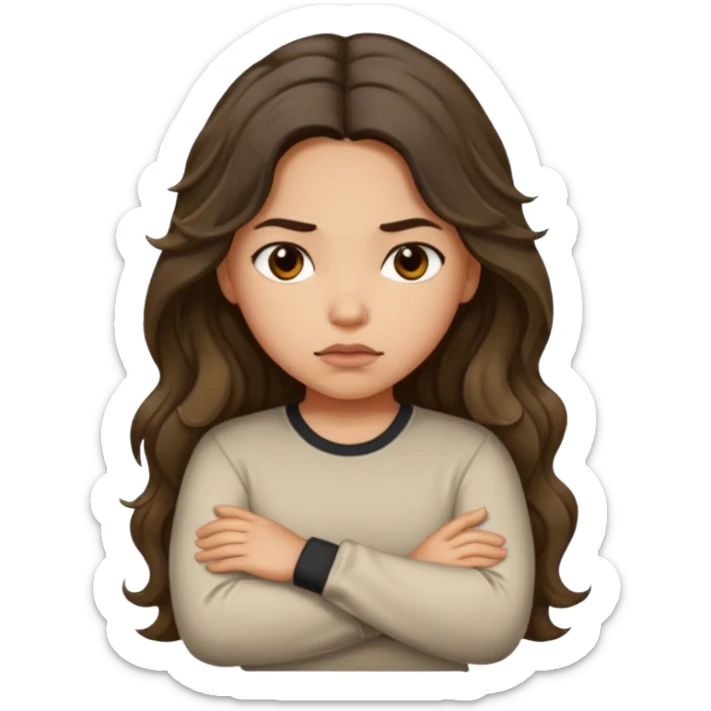 Hispanic light tan girl with long dark wavy hair with arms folded and pouting. Wearing a long sleeve. Hair with middle part. sticker
