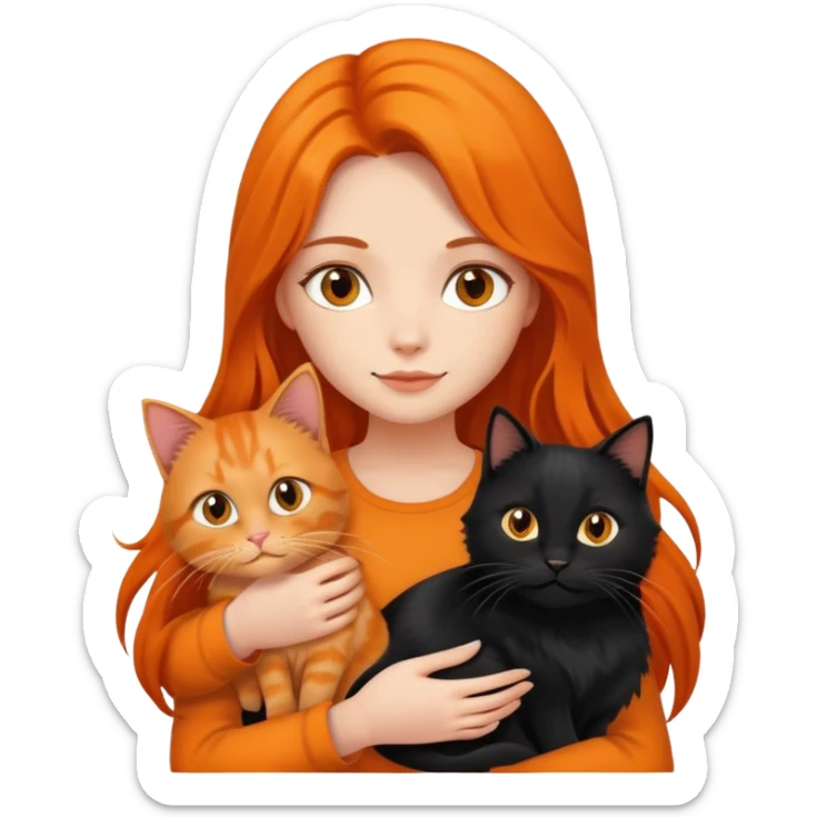 A long-haired girl holding a black cat and an orange long haired cat sticker