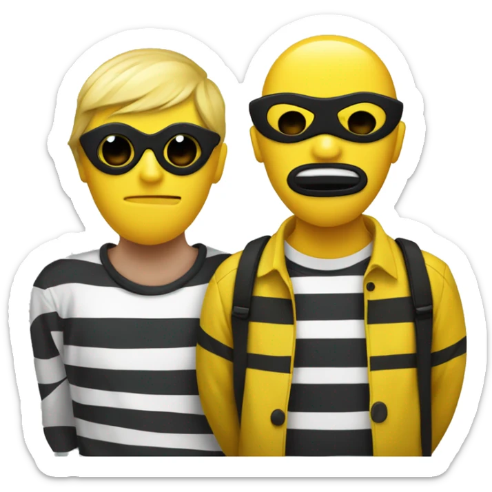 Yellow guy with a binne on and a black and white striped shirt and a blck mask sticker