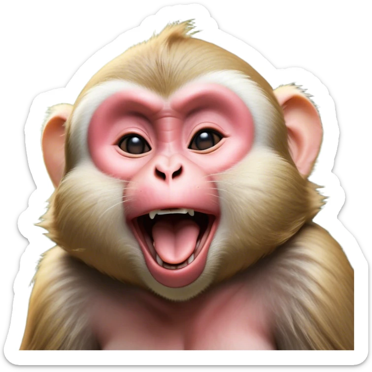 Cinematic Cute Yawning Macaque Portrait Emoji, Head tilted slightly with a dramatic, wide-open yawn, showcasing a gently textured face with half-closed, sleepy eyes and an open, relaxed mouth, Simplified yet irresistibly adorable features, highly detailed, glowing with a soft, cozy glow, high shine, relaxed yet expressive, stylized with a dash of whimsical charm, soft glowing outline, capturing the essence of a drowsy yet affectionate primate that appears ready to stretch out for a nap! sticker
