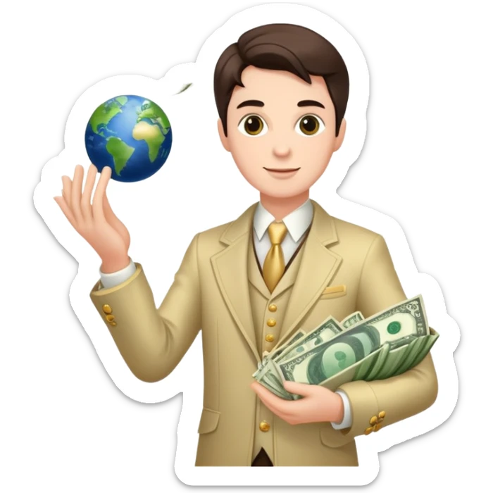 rich person holding the earth in both hands, dressed in fancy clothes with money flying around sticker
