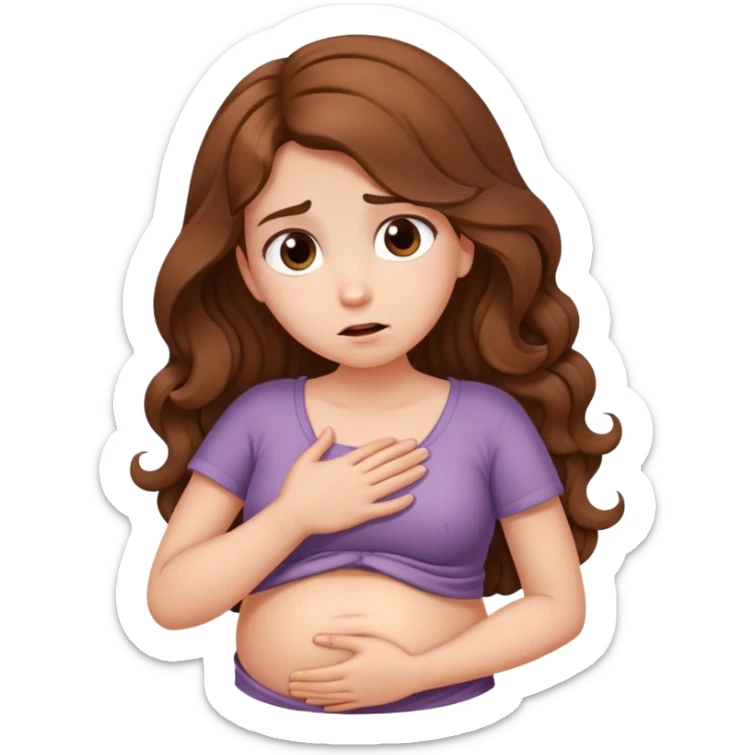 Girl with curled brown long length hair with belly ache sticker