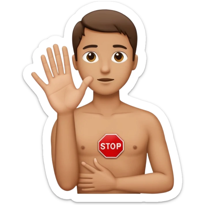 Person with one hand on their chest one hand extended palm outwards like stop sign sticker