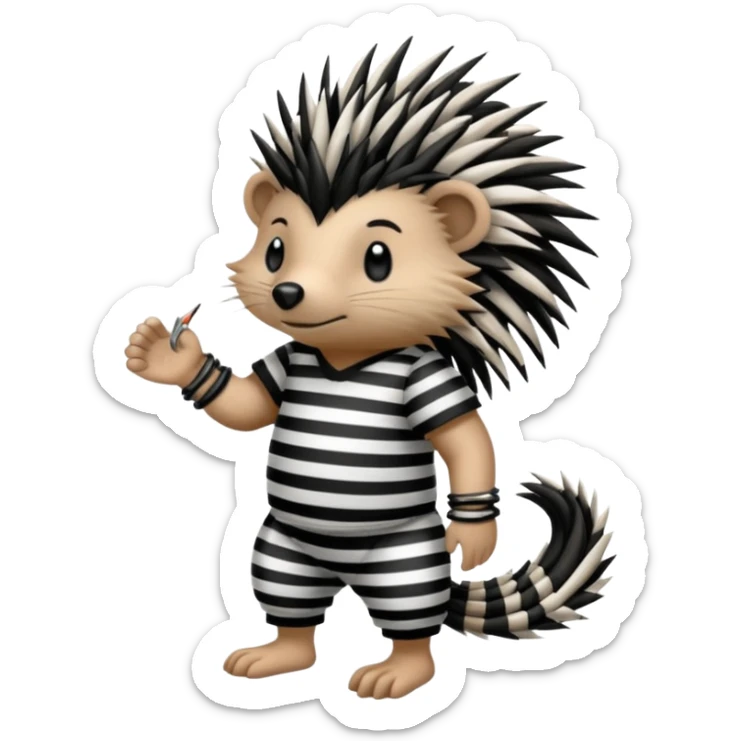 Laying down porcupine with black and white striped prison outfit, and ankle bracelet sticker
