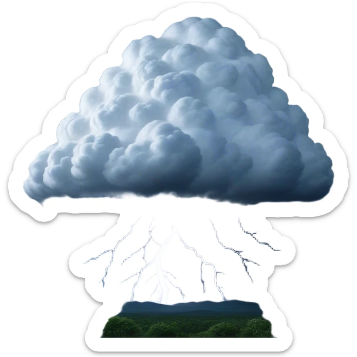 Cinematic Realistic Cumulonimbus Emoji, Towering and imposing, with dark, dramatic clouds reaching up into the sky in a billowing formation. Lightning flickers within, and the atmosphere is charged with energy, signaling a powerful storm ahead. Soft glowing outline, capturing the essence of raw power, intensity, and nature’s fury in a mighty cumulonimbus cloud! sticker