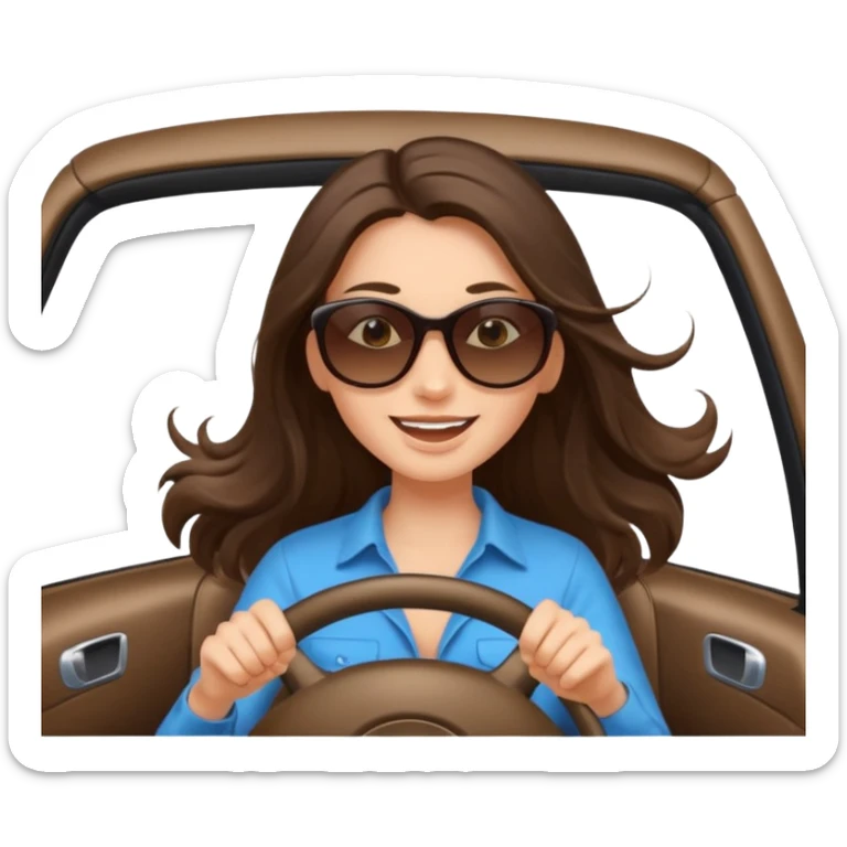 Brunette long hair driving car like crazy. Happy face confidence  sticker
