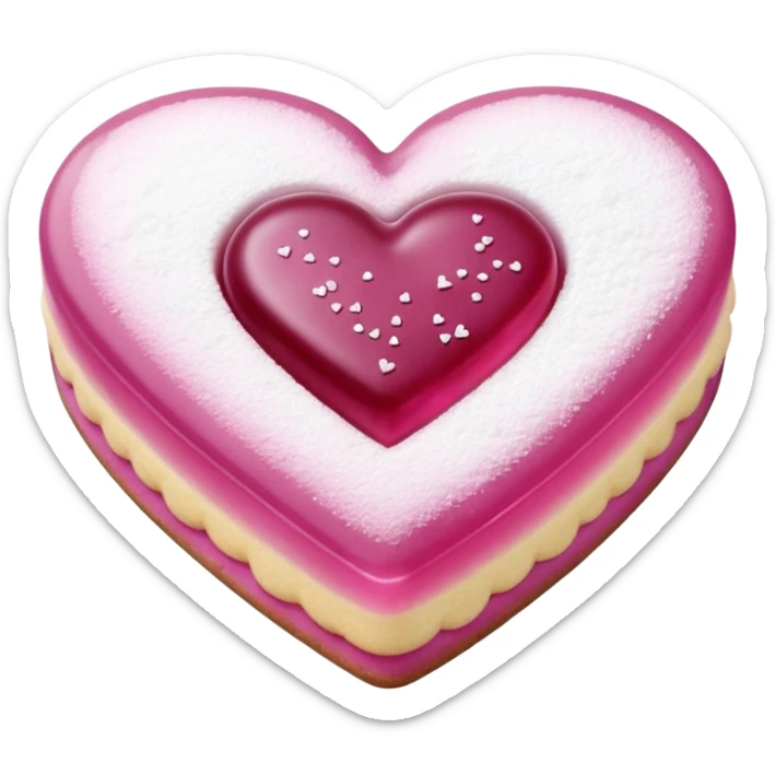 Realistic shortbread cookie in the shape of a heart with light margenta jelly middle filling and sprinkled powder sugar on top. sticker