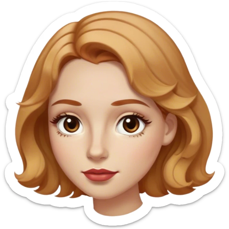 Pele parda bem clara, olhos castanhos escuros, cabelo louro e meio ruivo, rosto levemente redondo, maxilar levemente marcado, boca média e rosada, cabelos cacheados, olhos amendoados, sobrancelhas finas e arqueadas, cílios grandes  sticker
