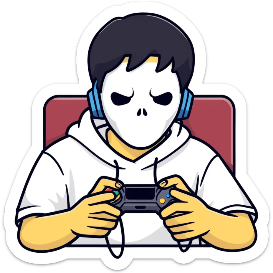 Cool kid he has black hair and is wearing a ghostface tee shirt and playing video games sticker